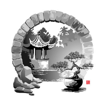 Moon Gate. Entrance to the garden with a pagoda. Vector illustration in traditional oriental style. Hieroglyphs - Harmony, Peace of mind.