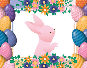 Happy easter rabbit inside flowers and eggs frame vector design