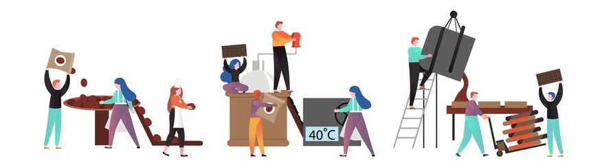 Obraz premium Chocolate making process, sweet food production cycle vector illustration