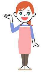 エプロンを着て笑顔で説明する若い女性