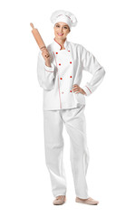 Beautiful female chef on white background
