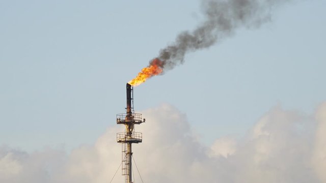Footage B Roll A Fire on flare stack at refinery oil and gas central processing platform while burning toxic and release over pressure. gas flare at an oil refinery factory industrial. footage b roll.