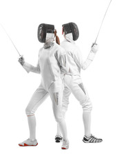 Young fencers on white background