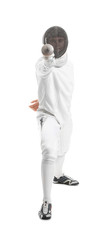 Young male fencer on white background