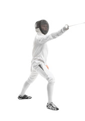 Young fencer on white background