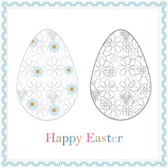 Easter egg with a floral texture, isolated close-up on a white background, vector illustration coloring, made in the form of a card with a frame and the inscription happy Easter