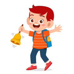 happy cute little kid boy and girl with teacher ring a bell