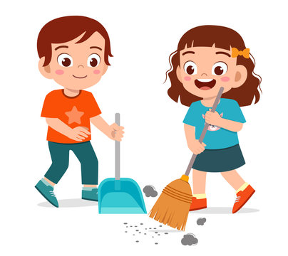 happy cute little kid boy and girl sweeping floor Stock Vector | Adobe Stock