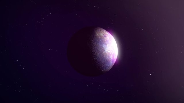 Photo real 3D animation of Mercury in retrograde. Planet Mercury spins slowly as the camera tracks forward to reveal its shiny surface and hazy pink atmosphere. Clip contains stars, space, Mercury.