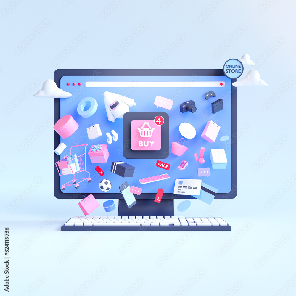 Fototapete shopping on-line. online store on website or mobile application. 3d rendering background. digital ma