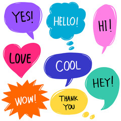 Hand drawn set of colorful speech bubbles with handwritten short phrases hello, hi, thank you, wow, yes, love, cool.