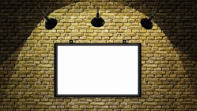 Billboard on wall. Blank white board and flicker of illuminated spotlights on the brick at night. Copy space for text. 3D animation.