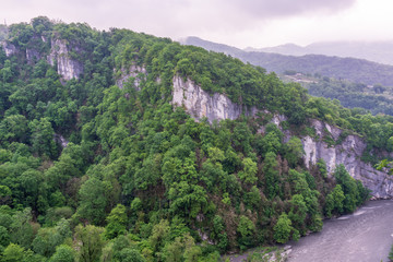 Fototapeta premium Mountain gorge with a river below. Green mountains in the fog
