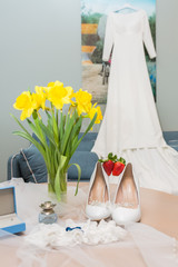 City Cesis, Latvia. Womans wedding dress and decoration. Casual style.