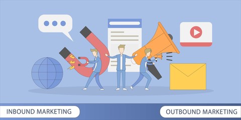 inbound marketing and outbound marketing,business strategy concept,businessman attracts customers with magnets and megaphone,communication ,website ,socialmedia,video,email.Vector outline design