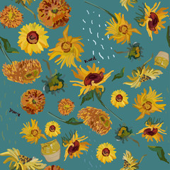 Sunflower flowers on a background of sea green. Vector illustration based on the painting of Van Gogh.