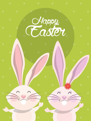 happy easter card with rabbits and lettering