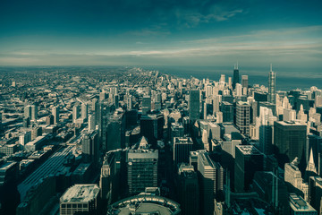 Chicago downtown skyline panorama, winter scenery, high angle view