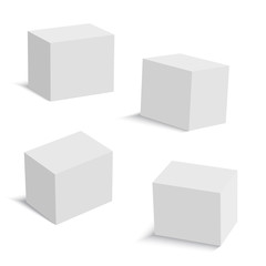 Set of white cardboard square boxes different views. Vector