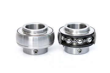 Close-up stainless steel bearings on the white background.