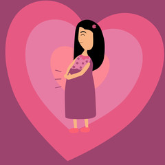 Pregnant Woman feeling baby kick on pink heart background . Vector illustration design.