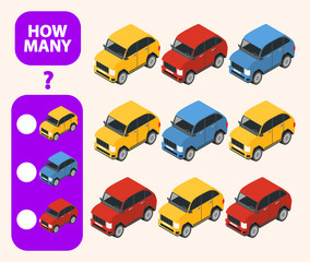Count how many  car is educational game. Maths task development of logical thinking of children.  Flat illustration SUV cartoon character vector.