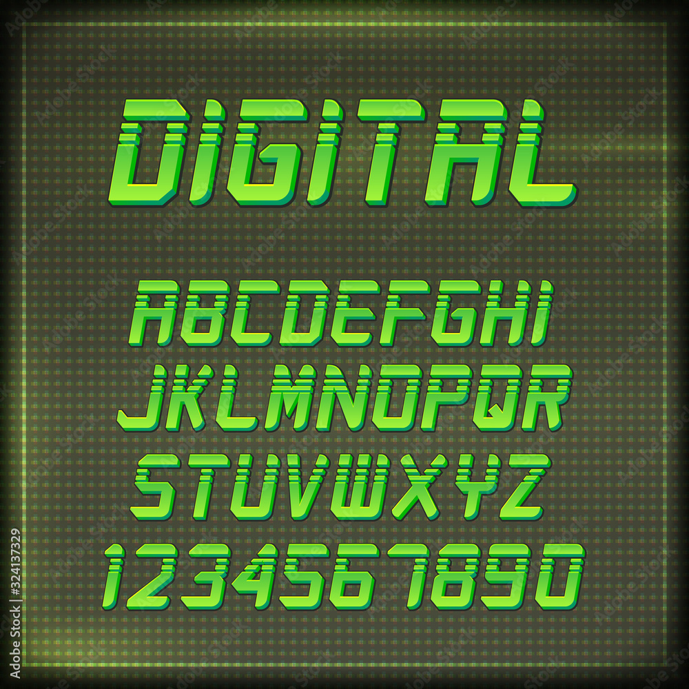 Poster Virtual Reality Retro Arcade Font. Stylish Retro Synth Wave Alphabet in 80s style. Vector font on CRT display background