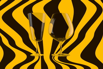 pair of empty wine glasses and wine on the stripped background. 3d illustration