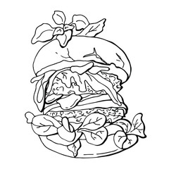Vegan burger, without meat, with vegetables and whole grain buns. Vector single outline illustration. white background, isolation. Stock illustration.