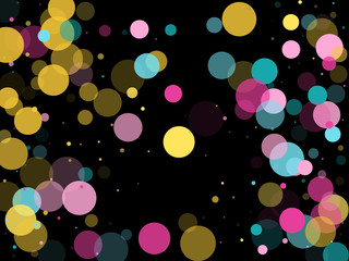 Memphis round confetti festive background in cyan blue, pink and yellow. Childish pattern vector.