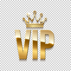 Glowing gold vip text and crown on transparent background. Golden realistic design template. Party premium invitation design element. Vector illustration.