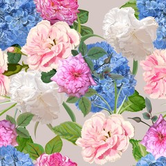 Rose,hydrangea and carnation flower seamless pattern