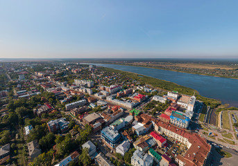 Aerial view of Tomsk city and Tom river. Summer, sunny day