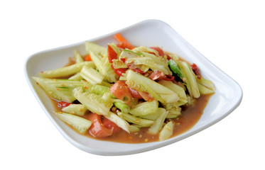 Cucumber salad with fermented fish sauce and crab isolated on white background