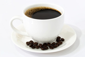 Coffee cup and beans isolated on white background.