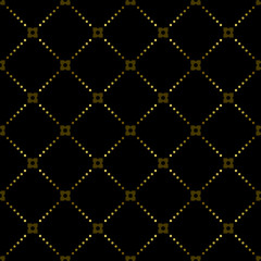 Art deco dot line rhombus seamless pattern vector. Gold geometric diagonal on black background.