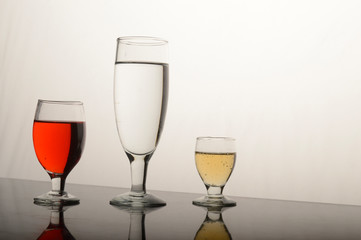 Three colors, Refreshments, Wine glass with water,.beer, Apple juice, Wine glass, glassware