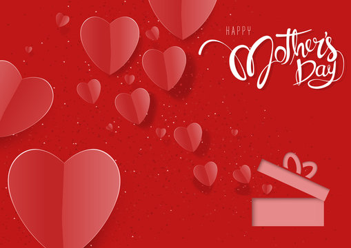Happy Mother's Day Red Greeting Card with Paper Hearts and Open Gift Box - Colored Holiday Illustration, Vector
