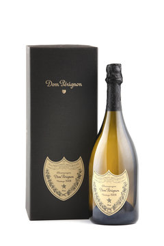 Bottle of Champagne Dom Perignon Vintage 2008 with box on white background