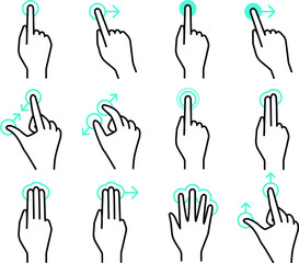 Touchscreen gestures collection. Hand actions on gadget screen - tap, long press, swipe, pinch, spread, double tap etc. Set of vector outline icons.