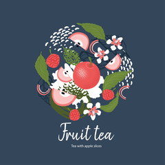 Tea card design. Fruit tea. Tea with an apple. Template for flyers, banners, advertising.