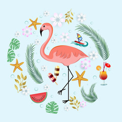 Bright summer poster. Pink flamingo surrounded by cute summer icons: food, drinks, palm leaves, flowers. Collection of items for a beach party. Vector stock isolated illustration.