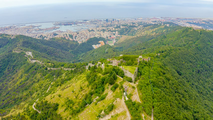 Genoa, Italy. Forte Sperone is a key point of the 19th-century Genoese fortifications and is located on top of the Mura Nuove. View of Genoa, Aerial View