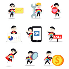 Set character of man wearing rainbow costume with clouds.