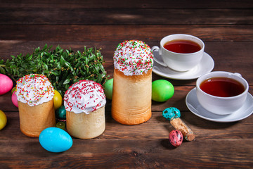 easter cake and easter eggs, traditional holiday design (happy easter) menu concept. food background. top view. copy space