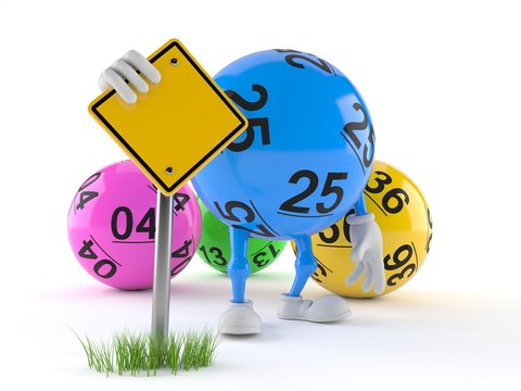 Lotto ball character with blank road sign