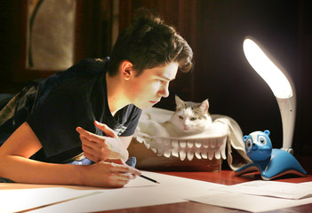 boy architect student working on drafting project in night with cat in box beside