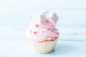 One cupcake on a wooden table. Copy space