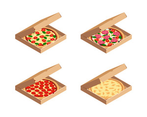 Tasty isometric pizza set. Four cheese, margherita, pepperoni in opened box isolated on white background. 3d traditional italian fast food icon collection. Vector illustration for web, advert, menu