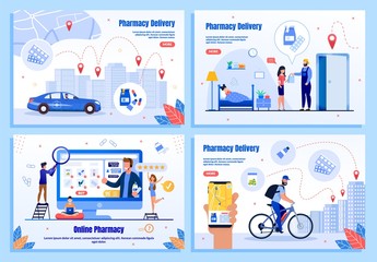 Fototapeta na wymiar Medicines Delivery Service Trendy Flat Vector Web Banners, Landing Pages Set. Mother Buying Pills for Sick Child, Deliveryman Transporting Orders to Clients, People Purchase Goods Online Illustration